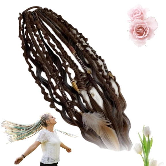 Boho Dreadlock Ponytail Extension, Elastic Dread Ponytail with Beads & Shell Charms, Elastic Braided Hair Piece, Lightweight 1-Minute Install for Music Festival, Rave, Everyday Wear