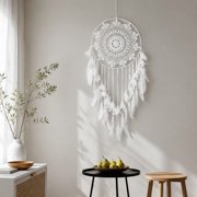Boho Dream Catcher Wall Hanging White Feather Crochet Decorative Ornament 47.2 Inch
