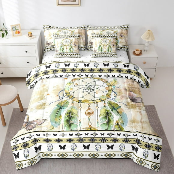 Boho Dreamcatcher Bedding Comforter Sets 7pcs Gold Brown Oil Painting Bed in a Bag,Ombre Gradient Art Twin Bedding Sets Bohemian Aztec Paisley Comforter Set,Butterfly Bedding Sets