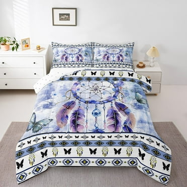 Boho Dreamcatcher Bedding Navy Blue Oil Painting Comforter Set,Ombre Gradient Art Duvet Insert Bohemian Aztec Quilt Comforter,Butterfly Bedding Comforters & Sets