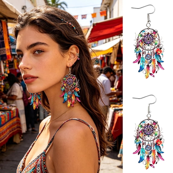 Boho Dreamcatcher Dangle Earrings, Vintage Western Indian Style Design, Exquisite Tassel Jewelry For Women Daily Outfit Matching Party Dress Up And Fashion Decoration.