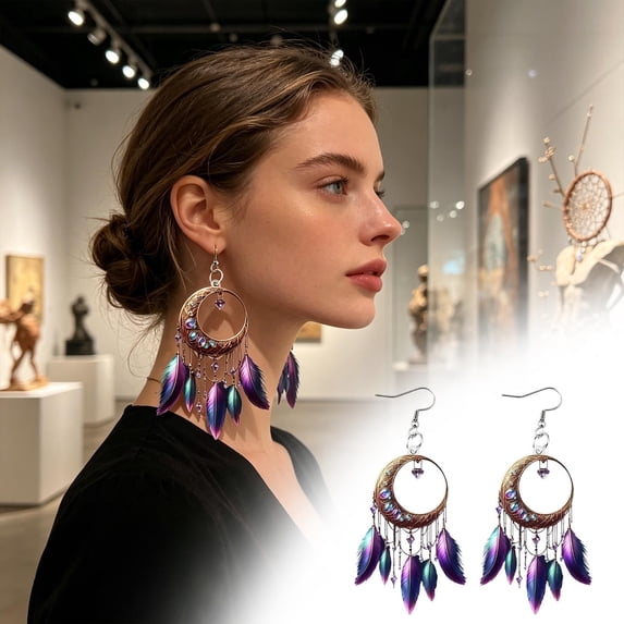 Boho Dreamcatcher Dangle Earrings, Vintage Western Indian Style Design, Exquisite Tassel Jewelry For Women Daily Outfit Matching Party Dress Up And Fashion Decoration.