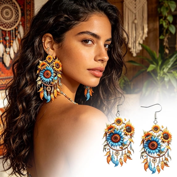 Boho Dreamcatcher Earrings Dangle Feather Jewelry for Women, Sunflower Acrylic Long Earrings Western Vintage Accessories, Festival Outfits Bohemian Style