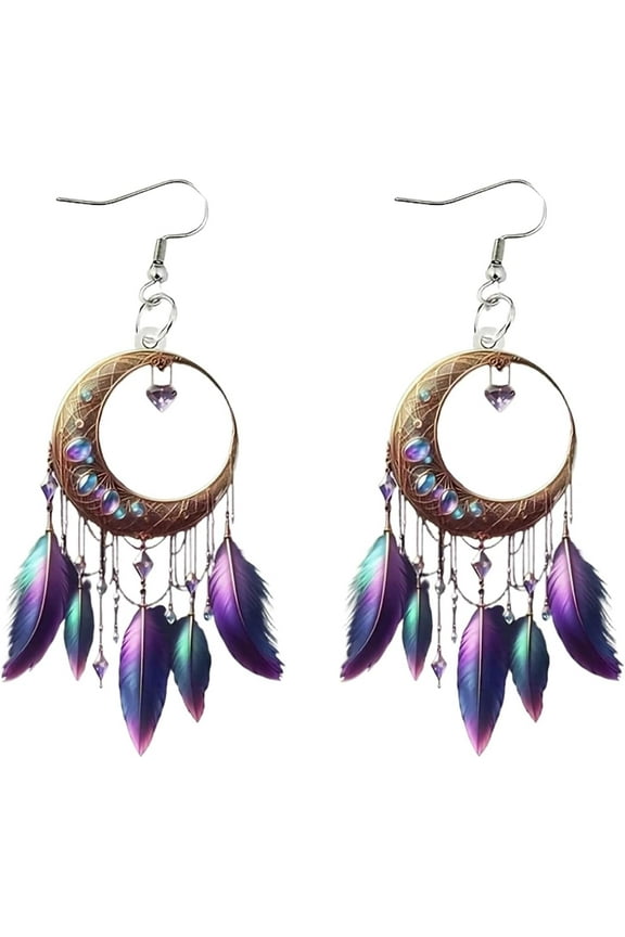 Boho Dreamcatcher Feather Earrings, Acrylic Bohemian Feathers and Floral Earrings for Women, Colorful Dream Catcher Dangle Jewelry, Hippie Dangle for Festivals, Beach Days
