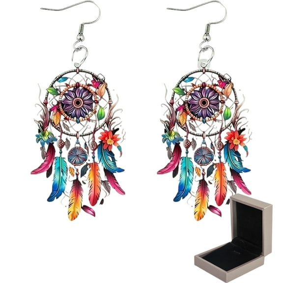 Boho Dreamcatcher Feather Earrings – Colorful Acrylic Bohemian Dangle Earrings with Floral Details, Hippie Chic Jewelry for Women, Perfect for Festivals, Beach Days & Casual Wear