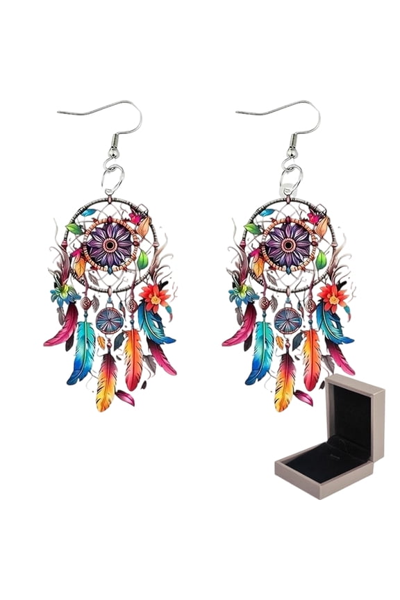Boho Dreamcatcher Feather Earrings – Colorful Acrylic Bohemian Dangle Earrings with Floral Details, Hippie Chic Jewelry for Women, Perfect for Festivals, Beach Days & Casual Wear
