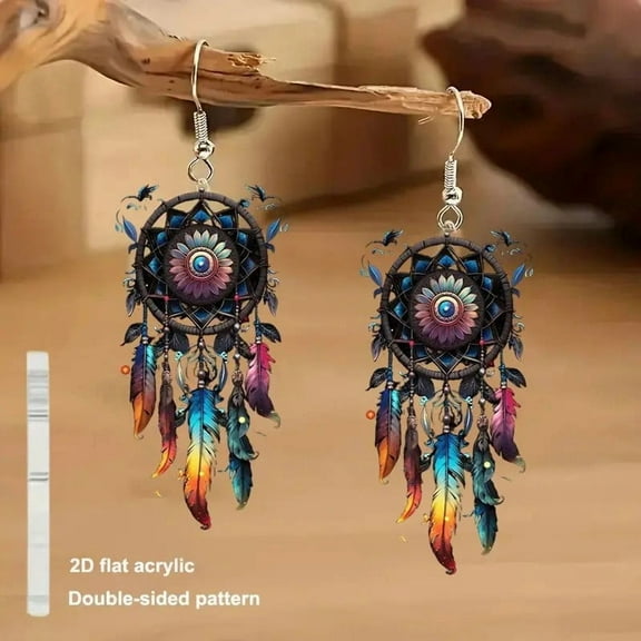 Boho Dreamcatcher Feather Earrings, Lightweight Acrylic Tribal with Floral Web Design, Vintage Hippie Ethnic , Colorful Statement Dangle Earring for Festivals, Beach Days, Women