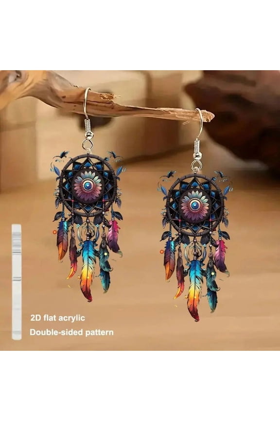 Boho Dreamcatcher Feather Earrings, Lightweight Acrylic Tribal with Floral Web Design, Vintage Hippie Ethnic , Colorful Statement Dangle Earring for Festivals, Beach Days, Women