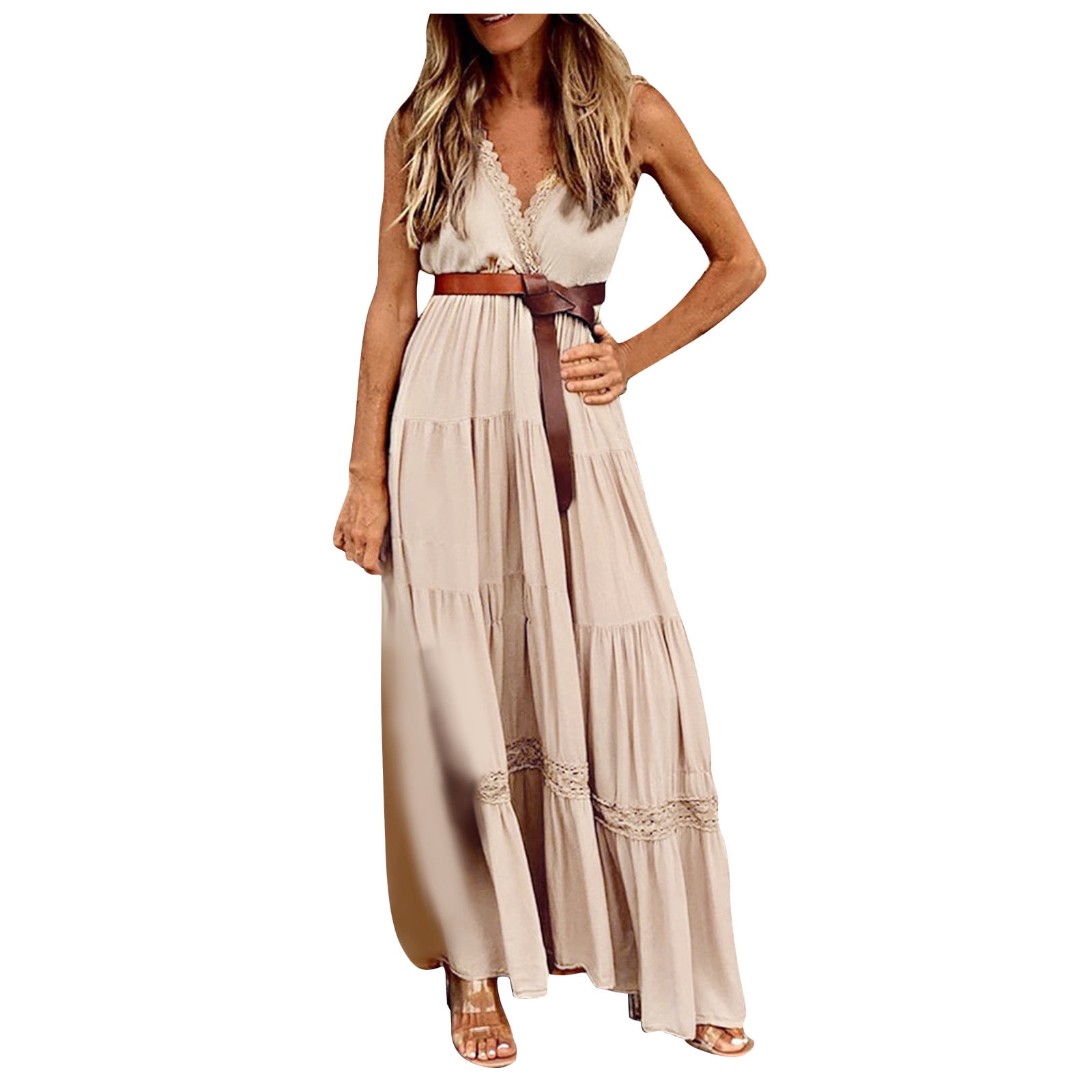 OSTOO Women's Boho Floral Sleeveless Maxi Dress - Sunflower Print, Tiered & Flowy (Size L)