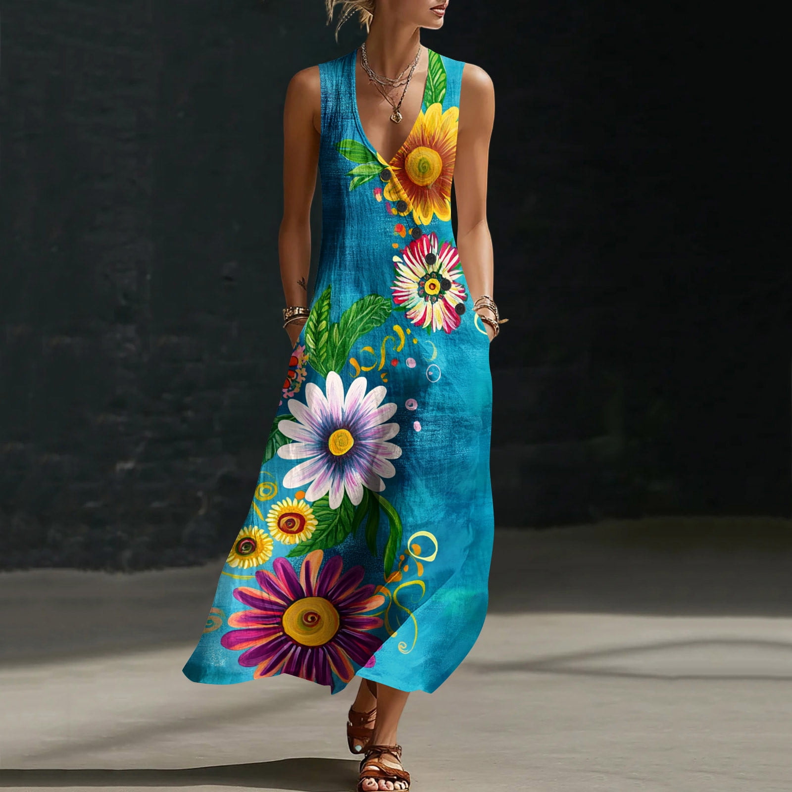 Bazeneo Boho Dress for Women V Neck Vintage Print Linen Cheesecloth Dress Sleeveless Italian Style Maxi Dresses Soft Floral Print Beach Lightweight