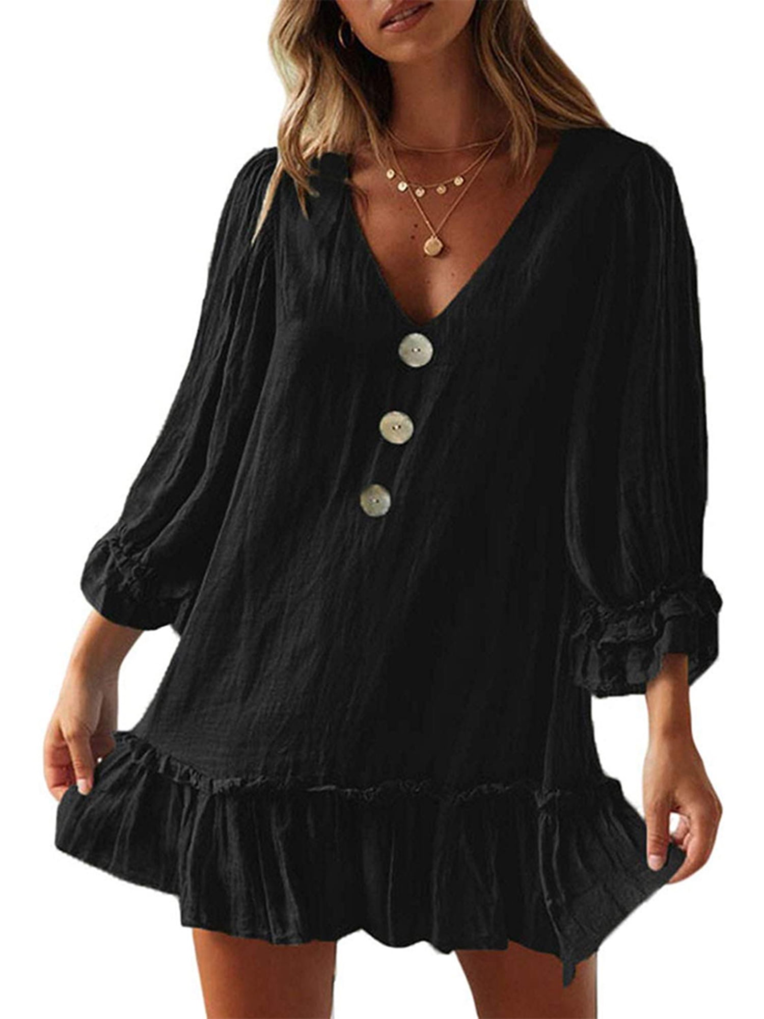 Boho Dress for Women Cotton Linen Shirt Dresses Long Sleeve Ruffle Frilly Ladies Summer Beach Dress Casual Loose Short Sundress in Croatia at HRK 404 Rating 5