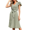 thumbnail image 1 of Boho Dress for Women Petal Short Sleeve V Neck Bohemian Midi Dress Casual Loose Summer Pleated Beach Dress with Belt, 1 of 7