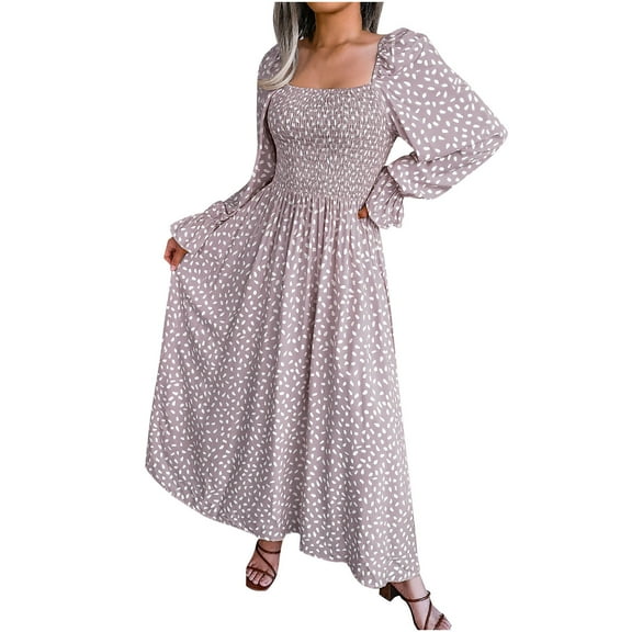 Boho Dress for Women Square Collar Smocked Floral Print Long Sleeve Dress Pleated Flowy Vacation Fall Maxi Dress Ladies Clothes