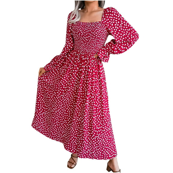 Boho Dress for Women Square Collar Smocked Floral Print Long Sleeve Dress Pleated Flowy Vacation Fall Maxi Dress