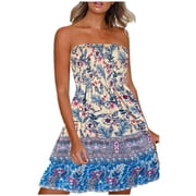 Sundresses for Women Casual Summer - Strapless Mini Dress for Women Summer Beach Cover Ups Boho Floral Print Sundress Flowy Skater Mini Tube Dress