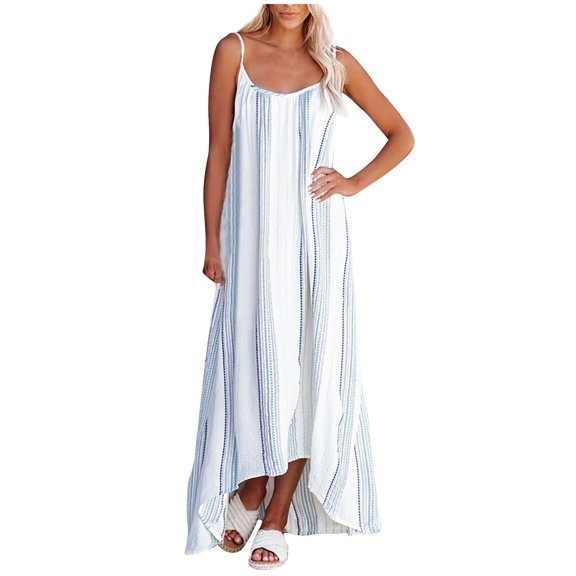 Boho Dress for Women Stripes Spaghetti Straps Beach High Low Dress Casual Loose Flowy Summer Holiday Maxi Dresses