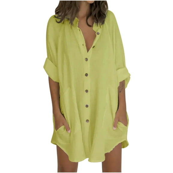 Boho Dress for Women, T Shirt Dress Women Knee Length 3/4 Sleeve Long Shirt Dress Blouse Mini Dress Casual Solid V Neck Tunic Top