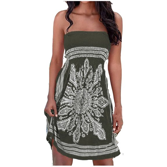 Beach Dresses for Women Casual Summer, Tube Top Dresses for Women's Summer Sexy Floral Printed Strapless Bohemian Mini Dress Beach Cover Up