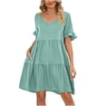 thumbnail image 1 of Boho Dress for Women V Neck Ruffle Short Sleeve Summer Casual Dress Solid Tiered Flowy Swing Sun Dress with Pockets, 1 of 5