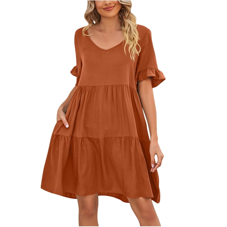 Boho Dress for Women V Neck Ruffle Short Sleeve Summer Casual Dress Solid  Tiered Flowy Swing Sun Dress with Pockets - Walmart.com