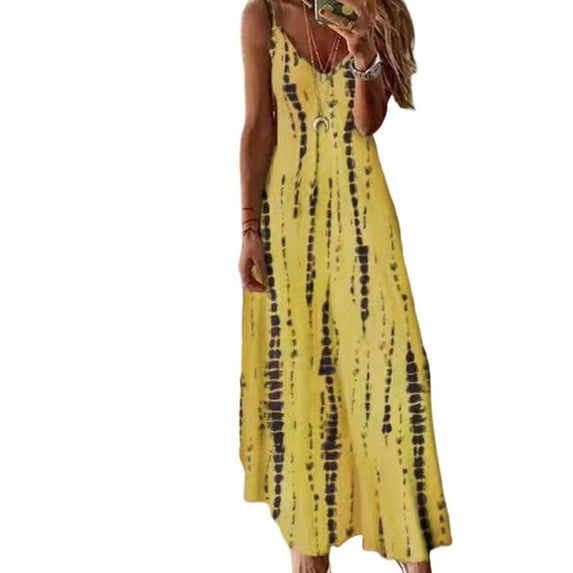 Boho Dress for Womens Casual Spaghetti Strap Shirt Dress Sleeveless Summer Beach Long Sun Dress