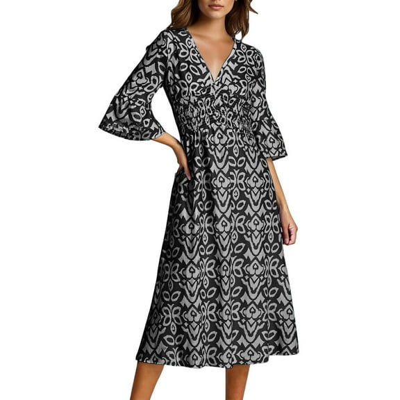 Boho Dress for Womens Plus Size Bohemian Midi Dresses Casual Loose V-Neck 3/4 Sleeve Floral Print Wrap Tunic Dress