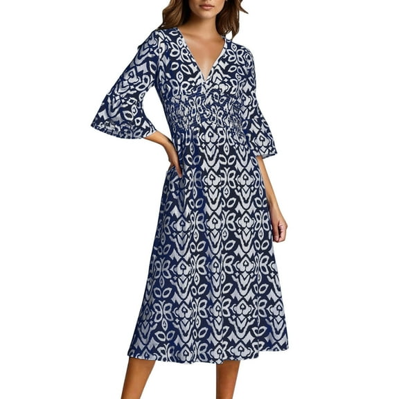 Boho Dress for Womens Plus Size Bohemian Midi Dresses Casual Loose V-Neck 3/4 Sleeve Floral Print Wrap Tunic Dress