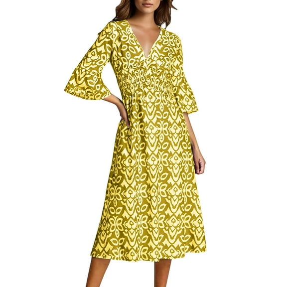 Boho Dress for Womens Plus Size Bohemian Midi Dresses Casual Loose V-Neck 3/4 Sleeve Floral Print Wrap Tunic Dress