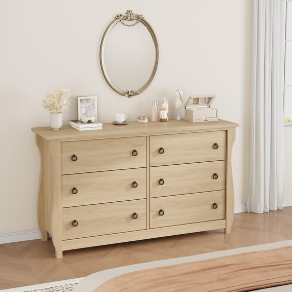 Boho Dresser 6 Drawer Wooden Chest of Drawers Rattan Storage Cabinet for Bedroom