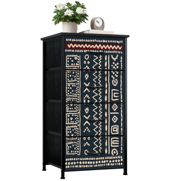 Boho Dresser for Bedroom with 4 Storage Drawers African Print Fabric Tribal Traditional Ethnic Ornament for Dressers Chest of Drawers Steel Framed Fabric Closet Organizers for Entryway