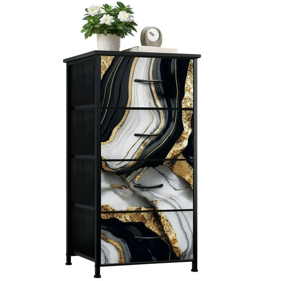 Boho Dresser for Bedroom with 4 Storage Drawers Black white gold liquid 3d abstract marbled golden inlay veins lines Dressers Chest of Drawers Steel Framed Fabric Closet Organizers for Entryway