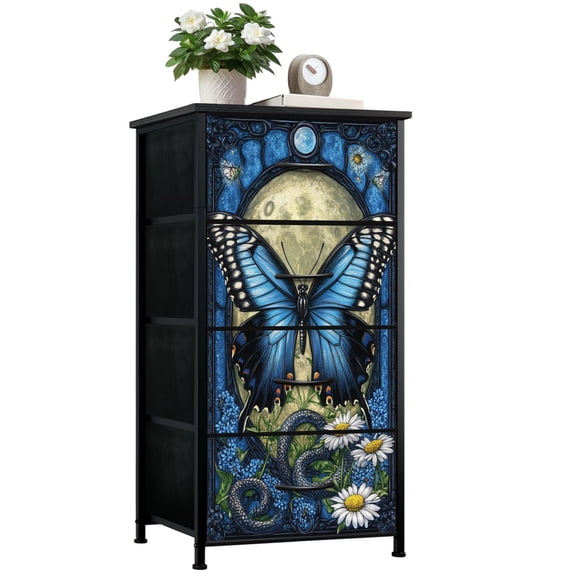 Boho Dresser for Bedroom with 4 Storage Drawers Blue Butterfly Boho Floral Botanical Moon Phase Aesthetic Teal Snake Dressers Chest of Drawers Steel Framed Fabric Closet Organizers for Entryway