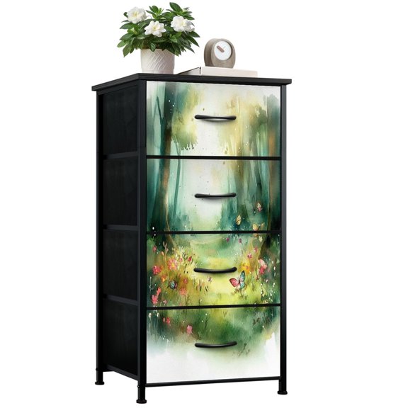 Boho Dresser for Bedroom with 4 Storage Drawers Butterflies Vibrant Forest Mystical Art Print Dressers Chest of Drawers Steel Framed Fabric Closet Organizers for Entryway