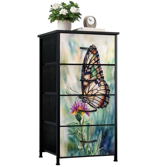 Boho Dresser for Bedroom with 4 Storage Drawers Butterfly Sunny Wildflower Impressionistic Brushstrokes Dressers Chest of Drawers Steel Framed Fabric Closet Organizers for Entryway