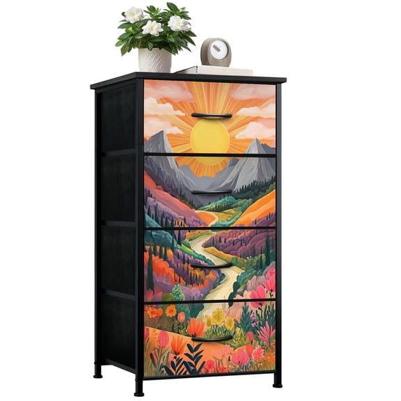 Boho Dresser for Bedroom with 4 Storage Drawers Colorful Mountain Abstract Sunrise Sunset Landscape Flower Dressers Chest of Drawers Steel Framed Fabric Closet Organizers for Entryway