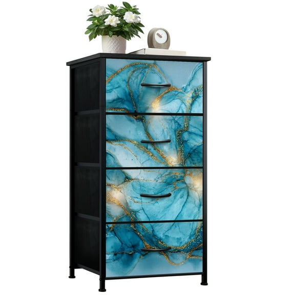 Boho Dresser for Bedroom with 4 Storage Drawers Cyan blue liquid watercolor golden stains Teal turquoise marble Dressers Chest of Drawers Steel Framed Fabric Closet Organizers for Entryway
