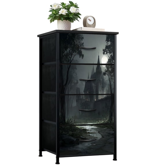 Boho Dresser for Bedroom with 4 Storage Drawers Dark Castle Gothic Medieval Moody Moon Moonlight Tall Dressers Chest of Drawers Steel Framed Fabric Closet Organizers for Women Dorm Entryway