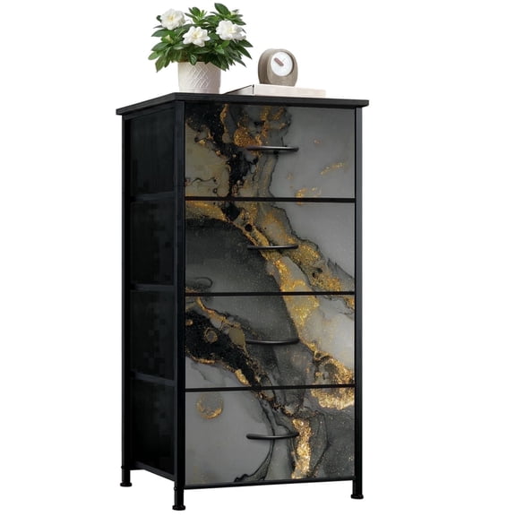 Boho Dresser for Bedroom with 4 Storage Drawers Dark gold abstract marble Steel Framed Fabric Closet Organizers for Entryway