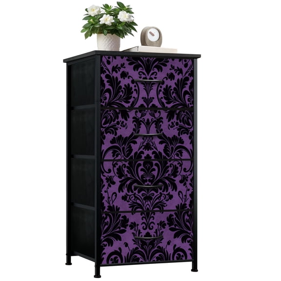 Boho Dresser for Bedroom with 4 Storage Drawers Elegant Black Purple Damask Design Dressers Chest of Drawers Steel Framed Fabric Closet Organizers for Dorm Entryway