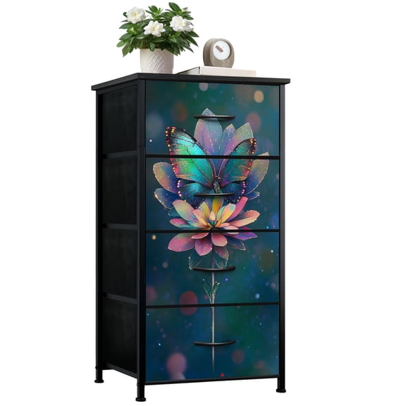 Boho Dresser for Bedroom with 4 Storage Drawers Emerald Fuchsia Indigo Wings Subtle Sparkle Art Print Dressers Chest of Drawers Steel Framed Fabric Closet Organizers for Entryway