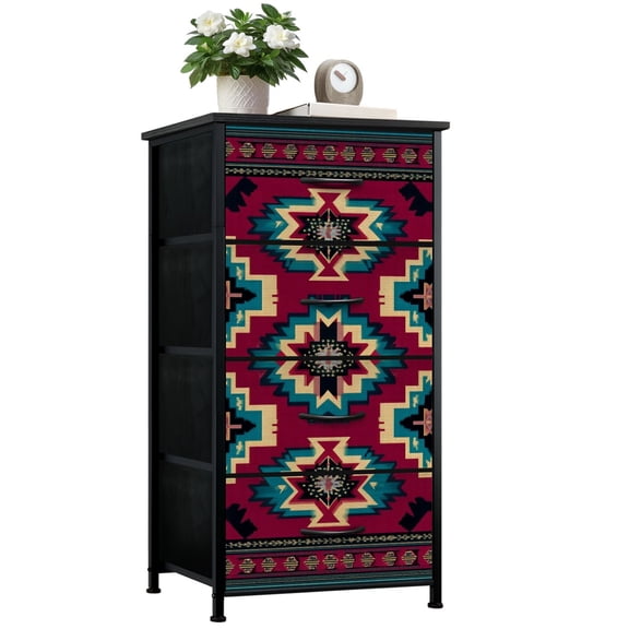 Boho Dresser for Bedroom with 4 Storage Drawers Ethnic Southwest textiles Chest of Drawers Steel Framed Fabric Closet Organizers for Entryway