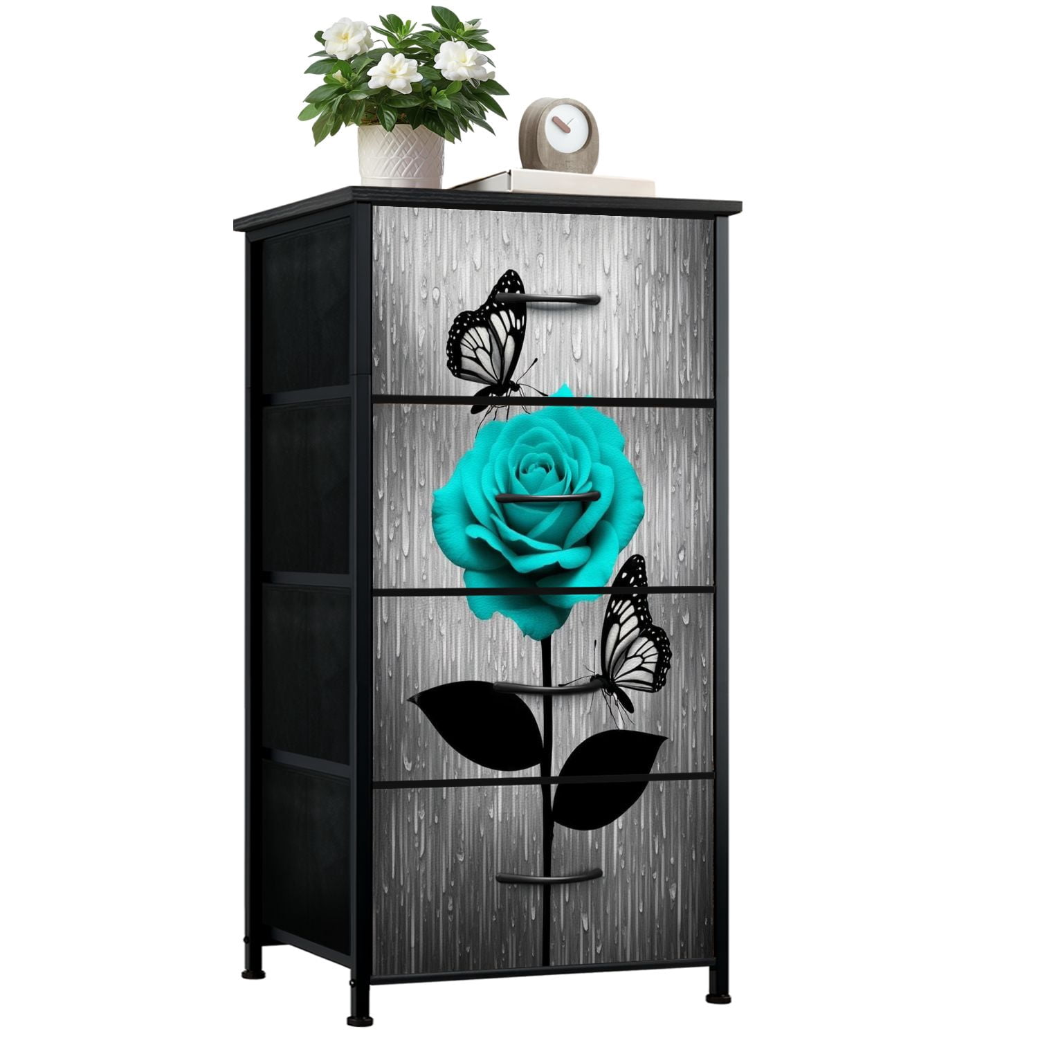 Boho Dresser for Bedroom with 4 Storage Drawers Farmhouse Teal Blue Roses  Butterfly Grey Painting Modern Rose Dressers Chest of Drawers Steel Framed  Fabric Closet Organizers for Entryway - Walmart.com