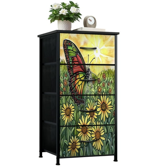Boho Dresser for Bedroom with 4 Storage Drawers Golden Hour Meadow Vibrant Butterfly Nostalgic Warmth Dressers Chest of Drawers Steel Framed Fabric Closet Organizers for Entryway