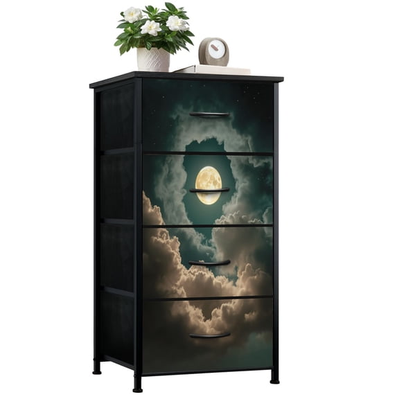 Boho Dresser for Bedroom with 4 Storage Drawers Gothic Dark Moody Vintage Sky Dark Cloud Moon Dressers Chest of Drawers Steel Framed Fabric Closet Organizers for Women Dorm Entryway
