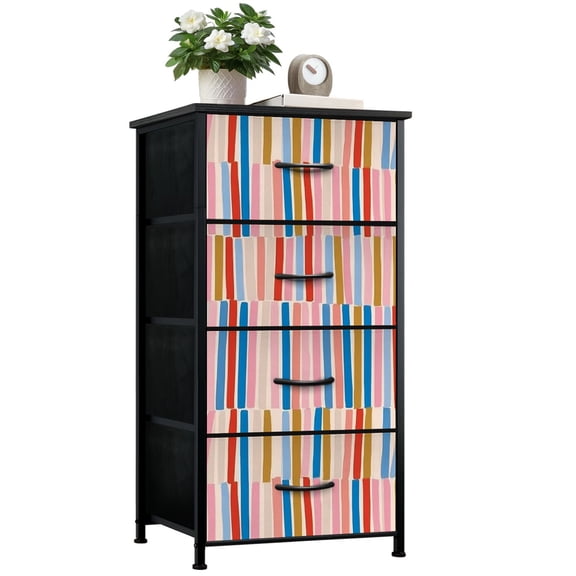Boho Dresser for Bedroom with 4 Storage Drawers Hand Drawn Stripe Grid Fun Circus Naive Vertical Organic Dressers Chest of Drawers Steel Framed Fabric Closet Organizers for Entryway