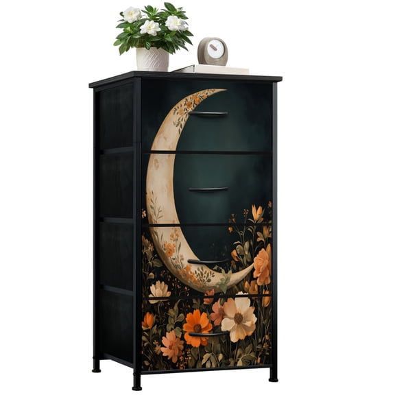 Boho Dresser for Bedroom with 4 Storage Drawers Moody Moon Gothic Moon Flower Vintage Cottagecore Dressers Chest of Drawers Steel Framed Fabric Closet Organizers for Women Dorm Entryway