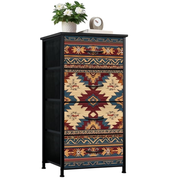 Boho Dresser for Bedroom with 4 Storage Drawers american tribal ornament geometric ethnic textile Dressers Chest of Drawers Steel Framed Fabric Closet Organizers for Entryway