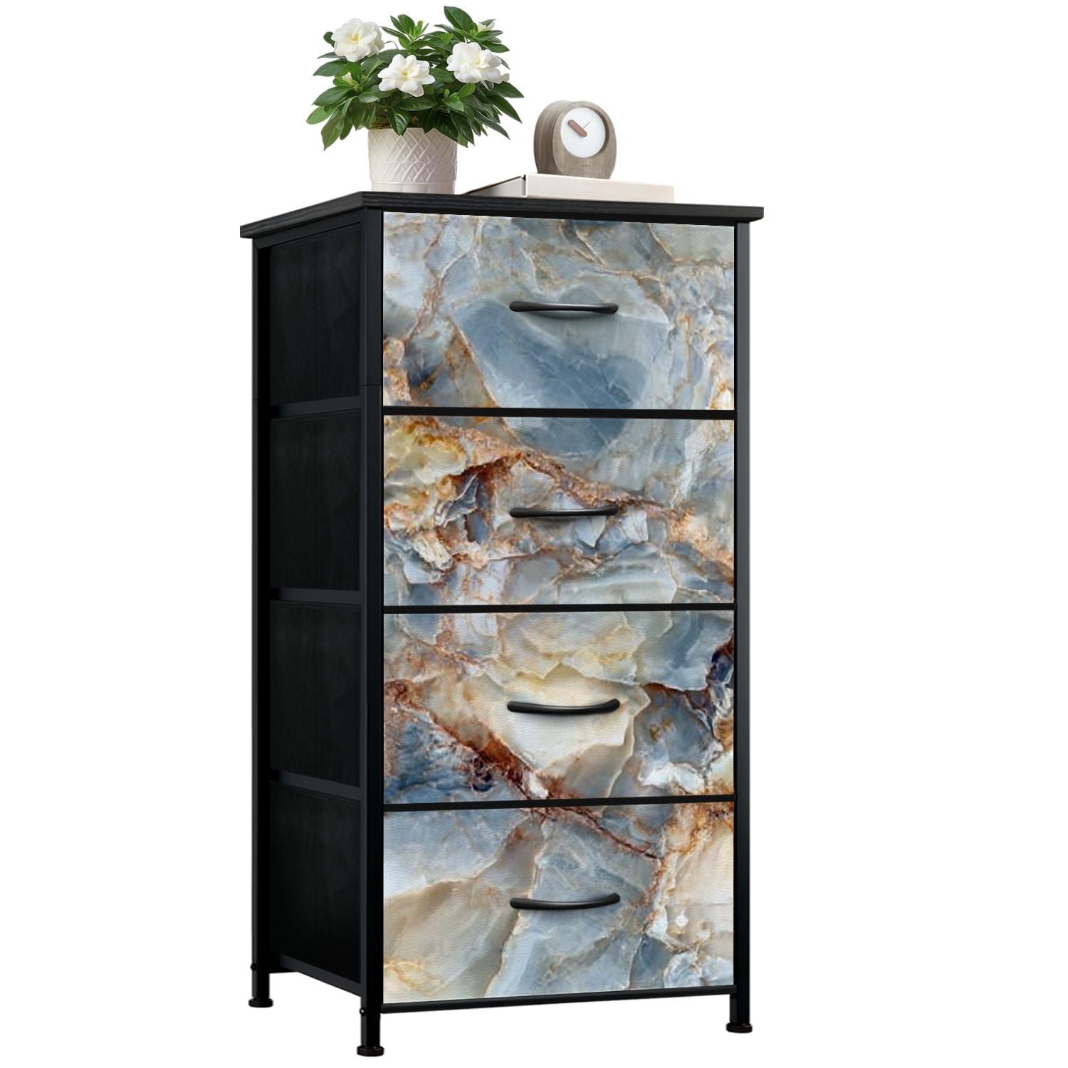 Boho Dresser for Bedroom with 4 Storage Drawers Natural marbles texture Chest of Drawers Steel Framed Fabric Closet Organizers for Entryway