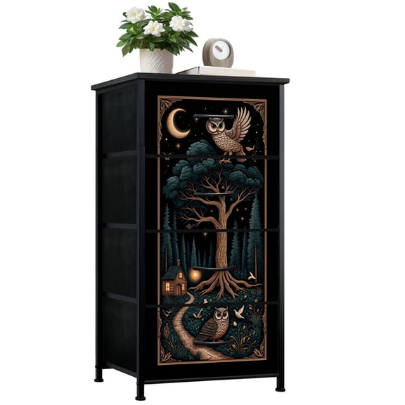 Boho Dresser for Bedroom with 4 Storage Drawers Owls Tree Night Forest Art Nouveau Dressers Chest of Drawers Steel Framed Fabric Closet Organizers for Dorm Entryway