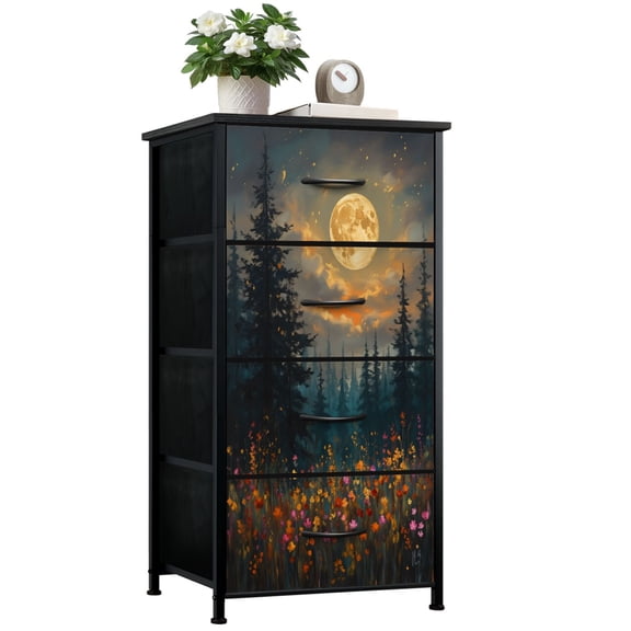 Boho Dresser for Bedroom with 4 Storage Drawers Pine Tree Mountains Wildflowers Woodland Nature Dressers Chest of Drawers Steel Framed Fabric Closet Organizers for Women Dorm Entryway